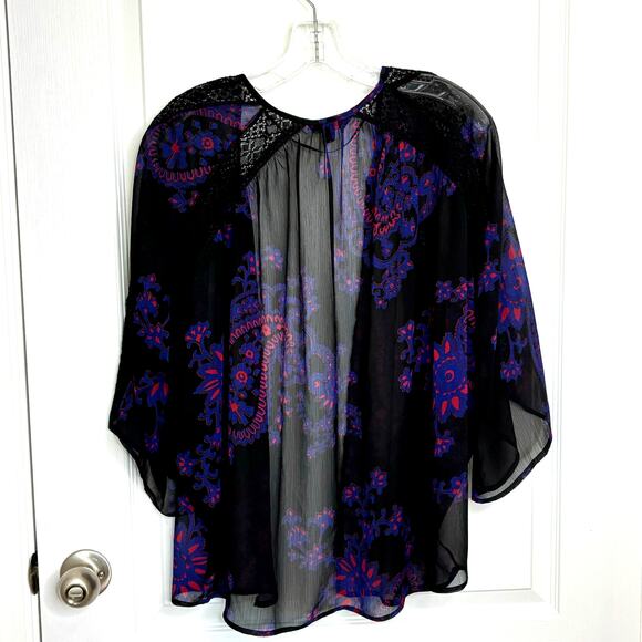 Express Wms M Bell Sleeve Sheer Floral Open Front Kimono Shawl Lace Trim Boho - Picture 3 of 10
